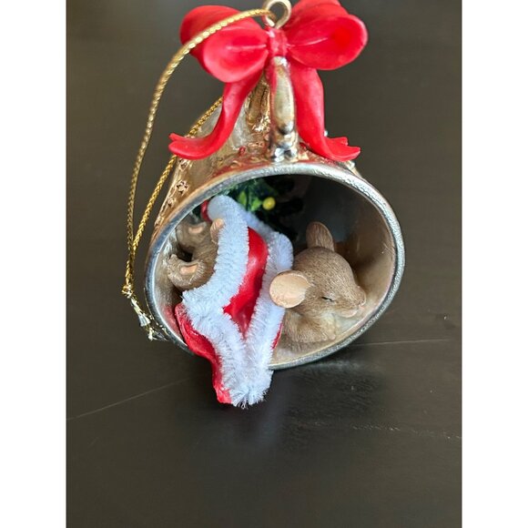 Sleeping Mice In First Christmas Ornament With Red Bow & Santa Hat - Picture 3 of 7